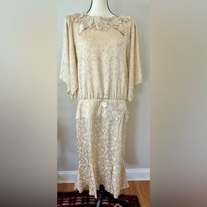 Silk Floral Cream Midi Dress